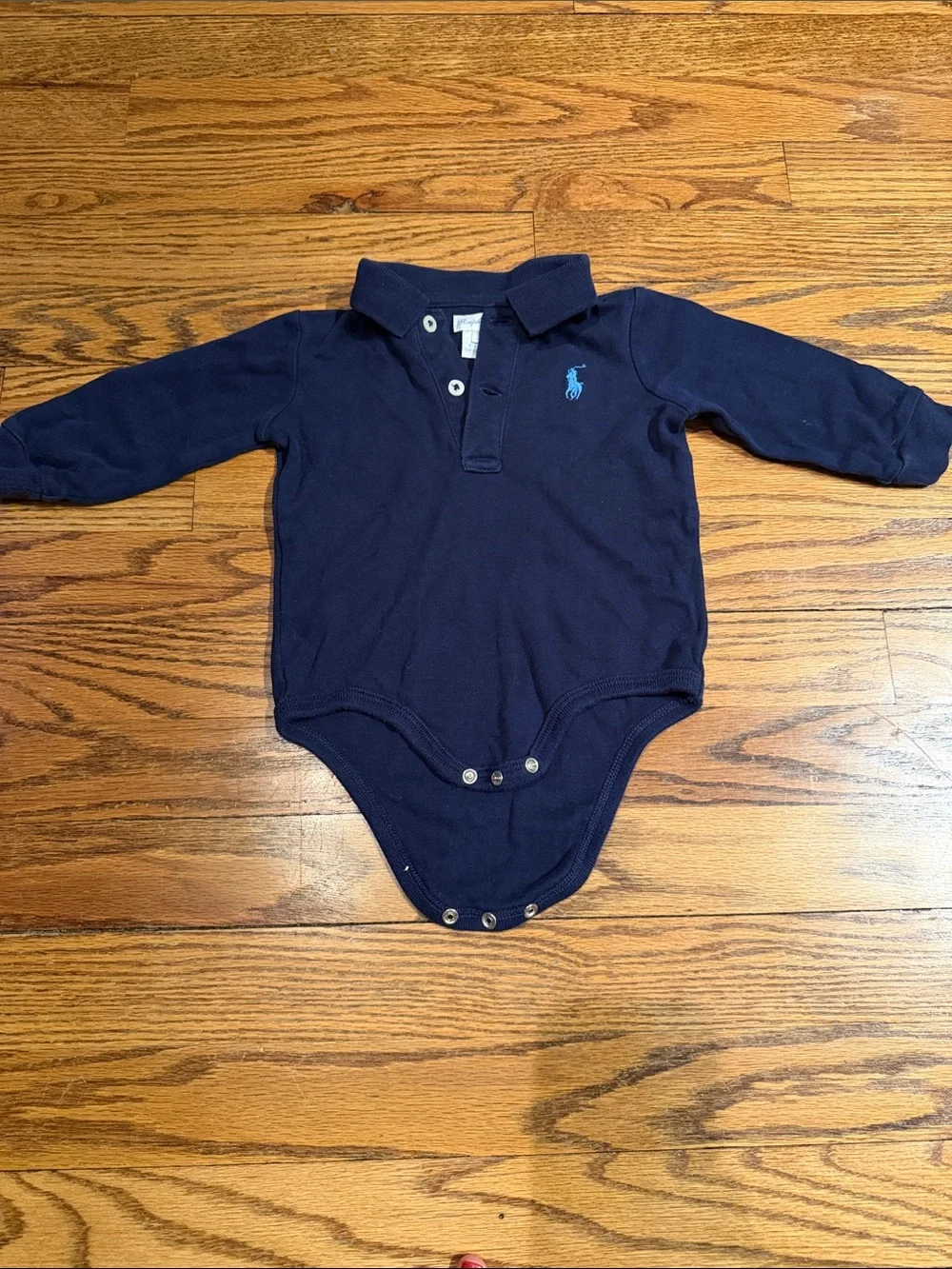 Ralph Lauren Navy Long-Sleeve Polo Bodysuit with Teal Pony